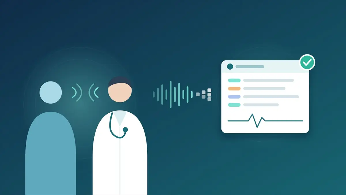 Ilustración: un paciente y un médico conversan y la IA convierte la consulta en una nota clínica