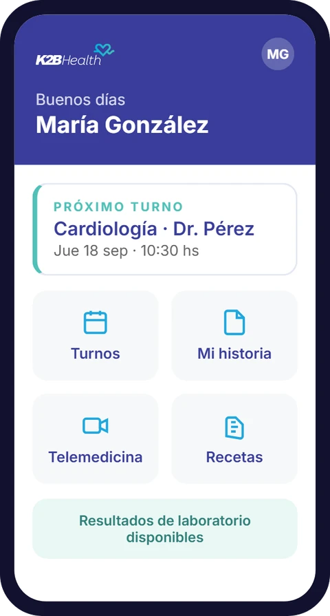 Pantalla de inicio de la app del Portal del Paciente: próximo turno, turnos, mi historia, telemedicina y recetas
